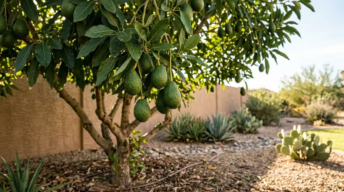 Green avocados hanging from an avocado tree in a desert backyard with cacti and gravel