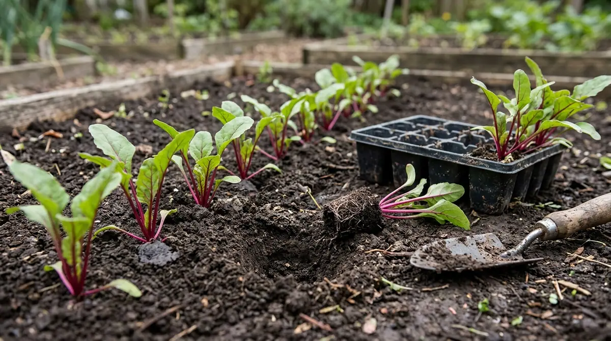 Young beet seedling with exposed root ball lying beside a row of planted beets, a seed tray, and a trowel