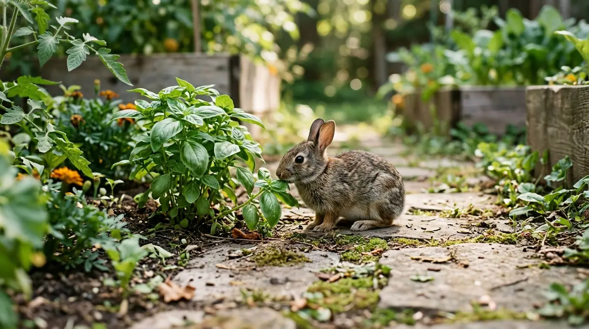 Small brown rabbit nibbling fresh basil leaves beside a stone garden path