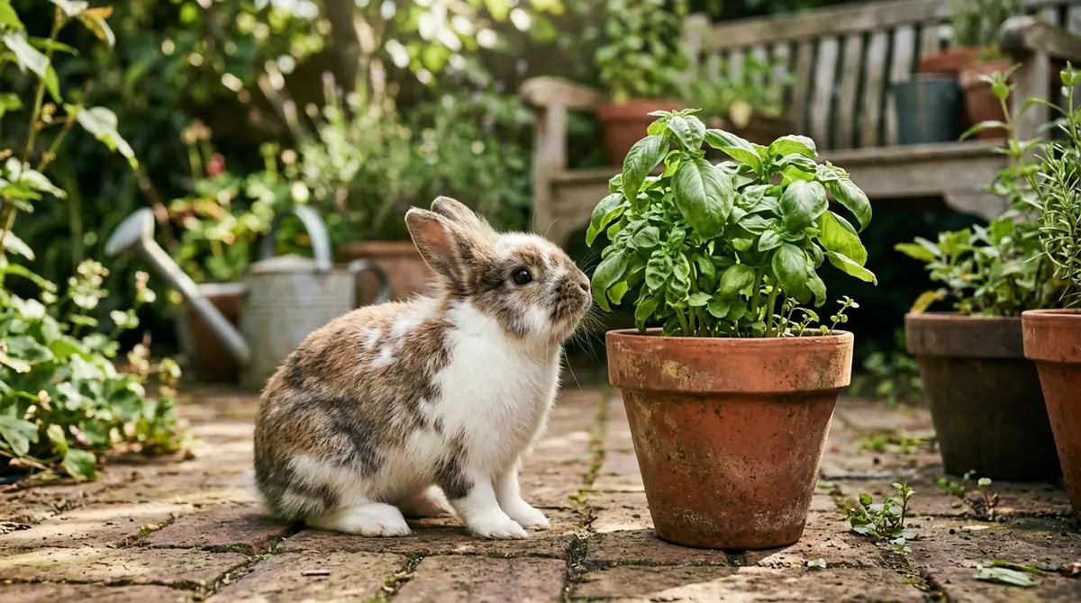Small brown and white rabbit sniffing a potted basil plant on a brick garden patio