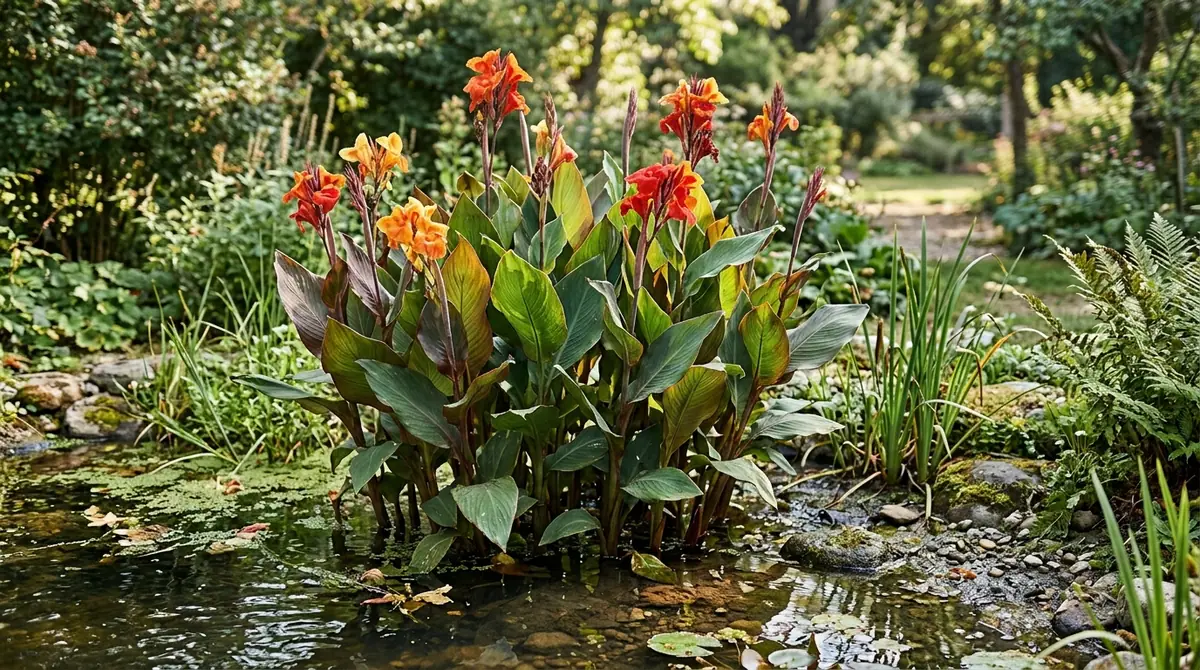 Orange and red canna lilies growing in a shallow pond surrounded by lush foliage