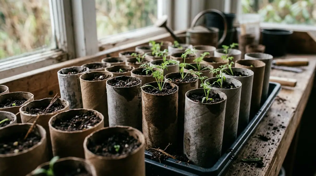 Young carrot seedlings growing in soil-filled cardboard tubes on a tray near a window