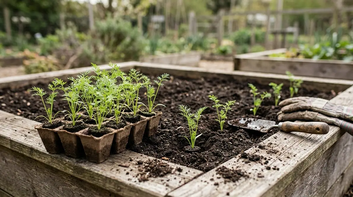 Carrot seedlings in a seed tray being transplanted into a wooden raised bed beside a garden trowel