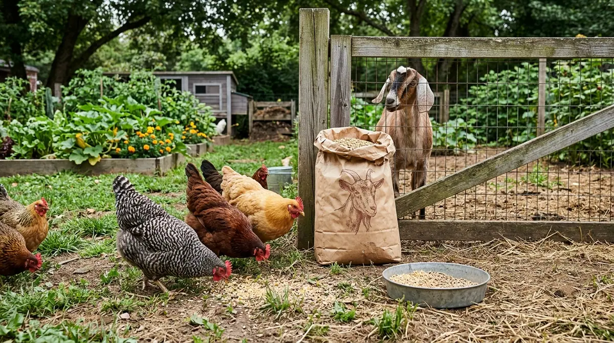Chickens pecking feed near a bag of goat feed while a brown goat stands behind a garden fence