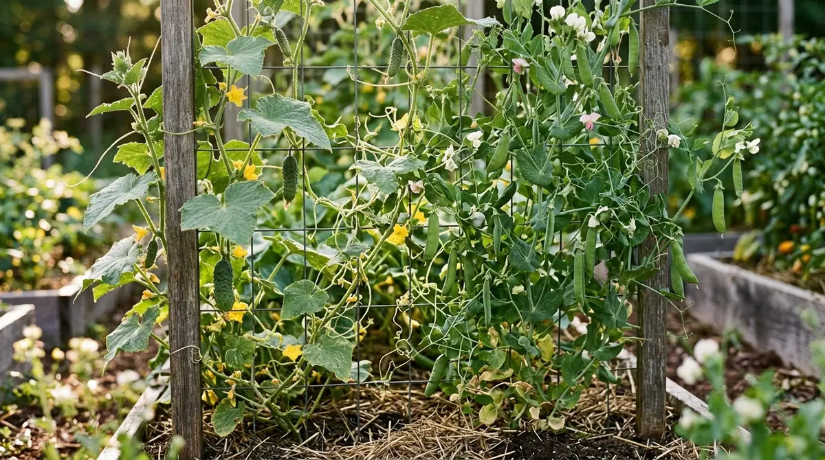 Cucumber vines with yellow flowers and pea plants with green pods climbing a garden wire trellis