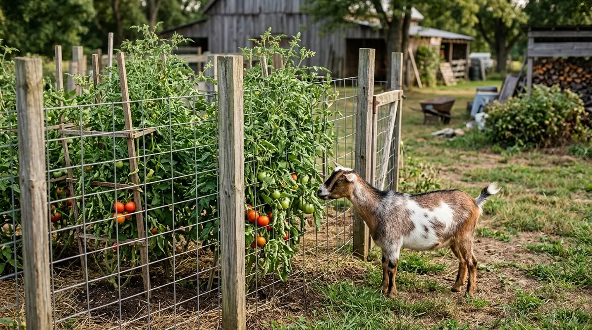 Small brown and white goat reaching toward leafy tomato plants behind a wire garden fence