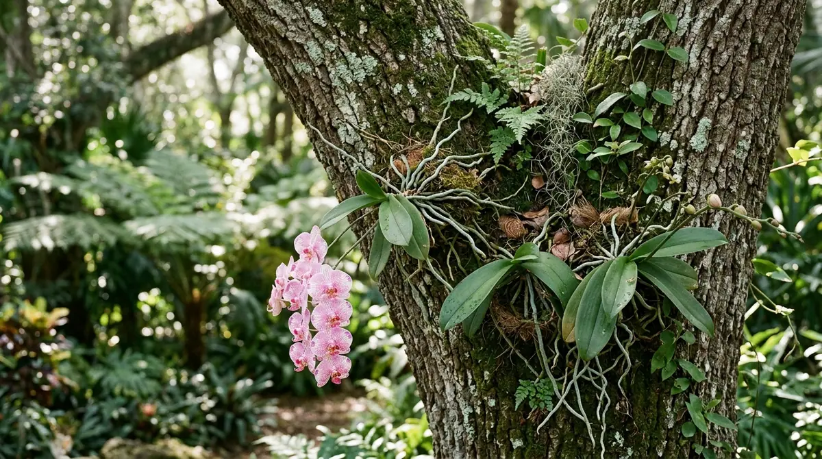 Pink orchid with exposed aerial roots growing on a mossy tree trunk outdoors