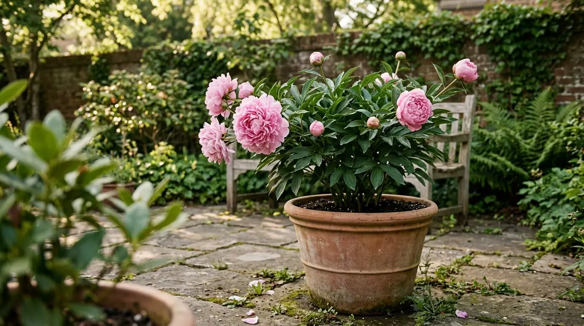 Pink peonies blooming in a terracotta pot on a stone garden patio