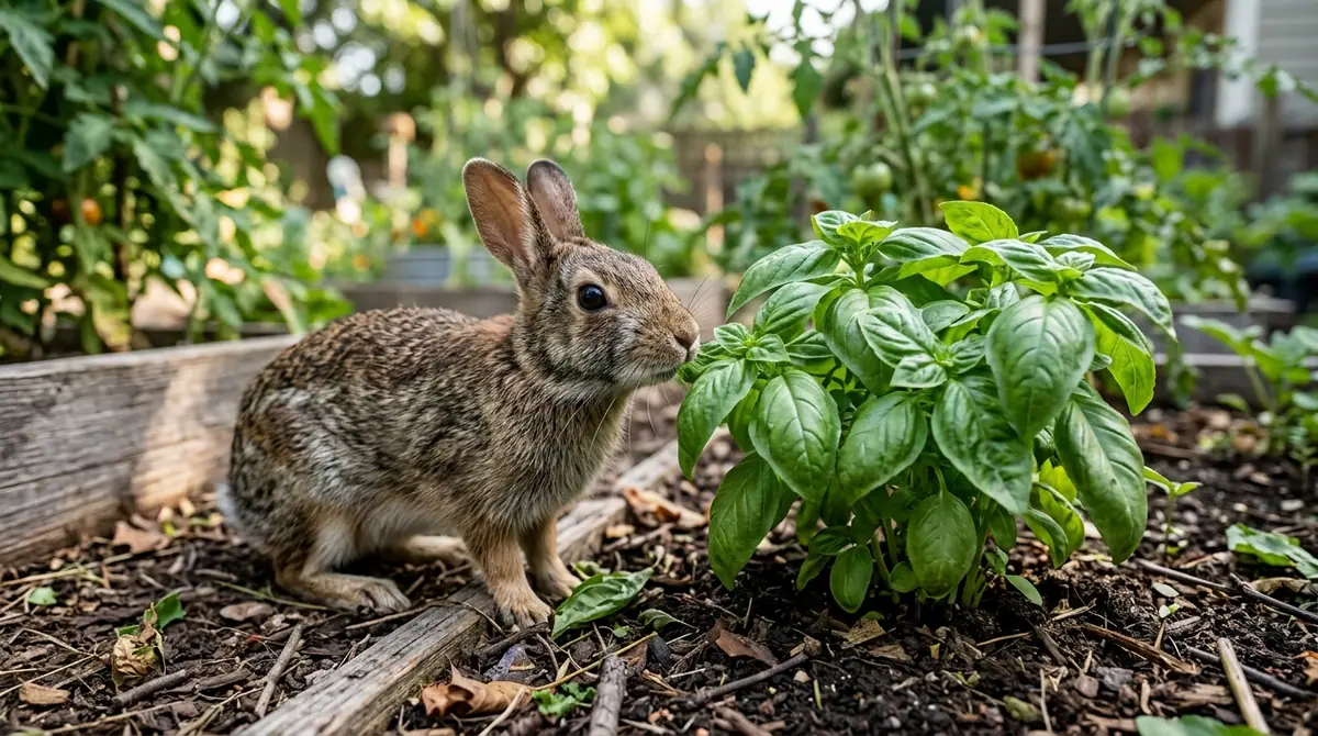 Small brown rabbit sniffing a fresh basil plant in a raised garden bed