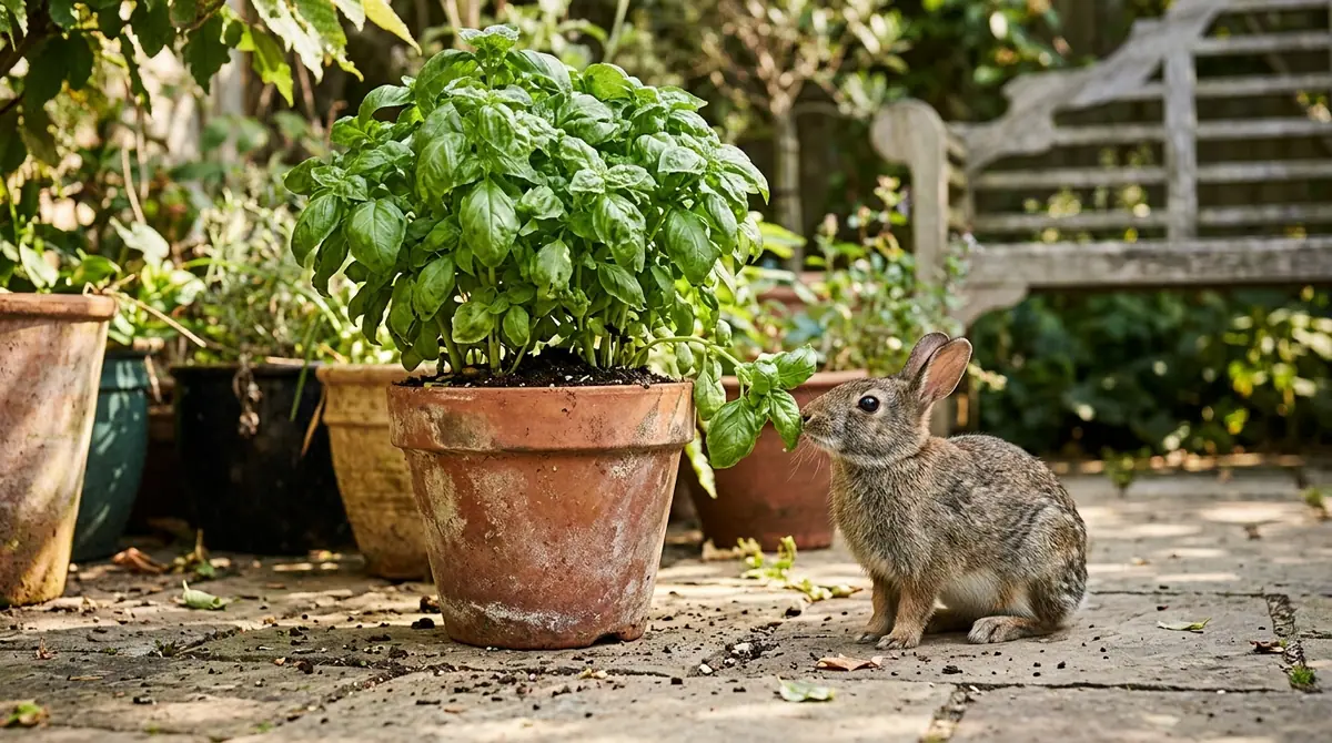 Small brown rabbit sniffing sweet basil leaves growing in a terracotta pot on a garden patio