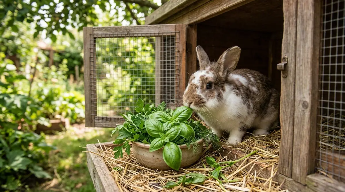 Brown and white rabbit eating fresh basil leaves from a small bowl in a wooden hutch