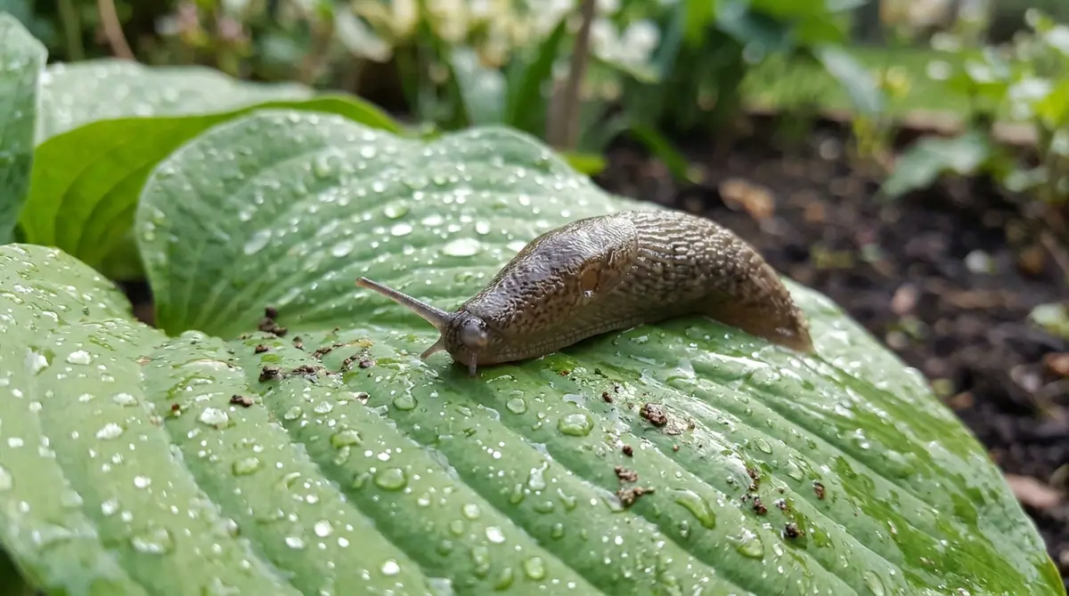 A brown slug crawling across a wet hosta leaf covered in water droplets