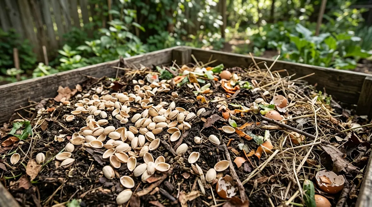 Pistachio shells scattered over organic waste and eggshells inside a wooden compost bin