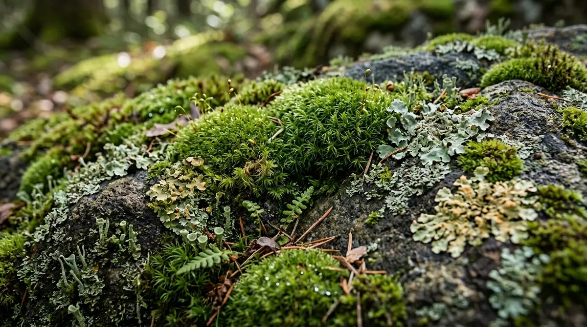 Lush green moss and pale lichens growing on a forest rock