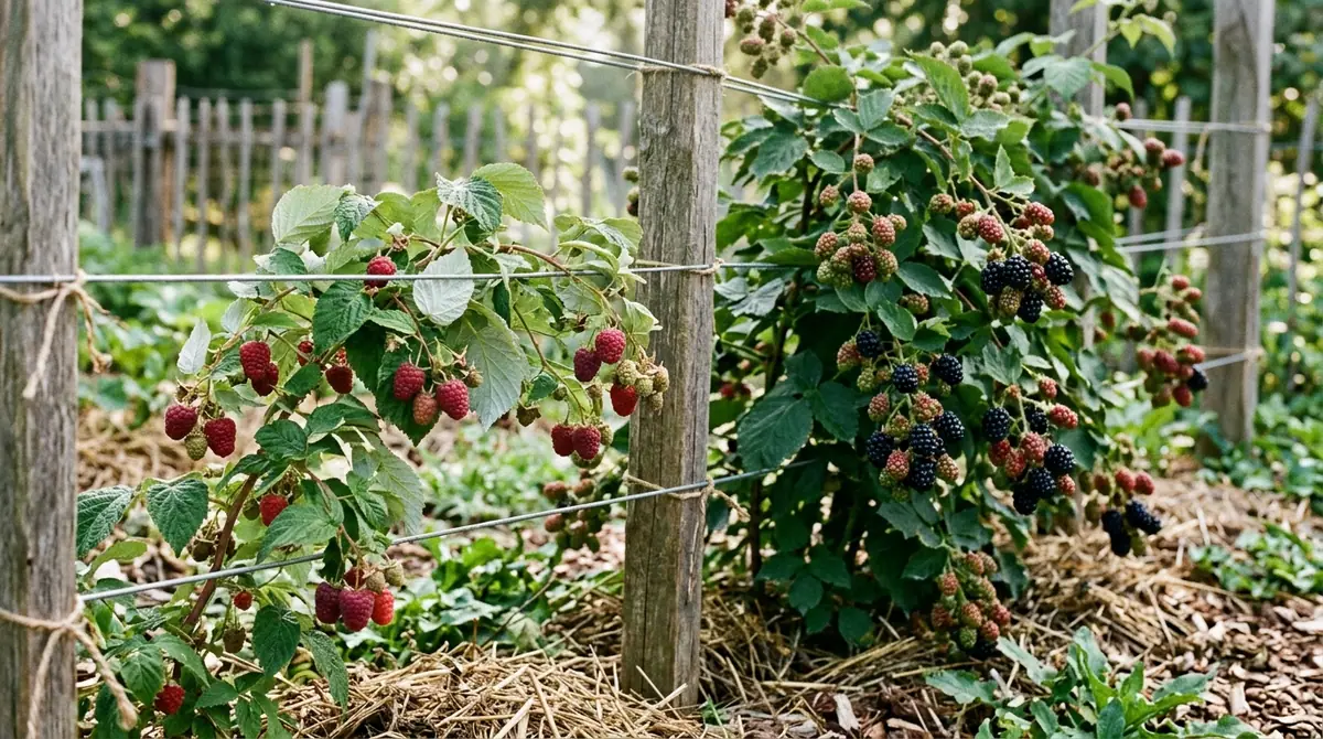 Raspberry and blackberry bushes growing side by side along a wire garden trellis
