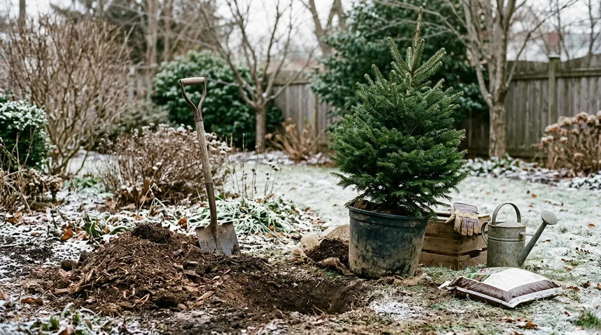 Small potted Christmas tree beside a freshly dug hole, shovel, and watering can in a snowy garden
