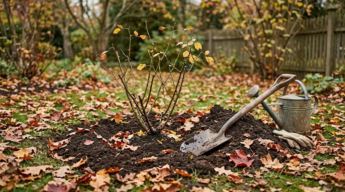 Rose bush planted in dark soil surrounded by fallen autumn leaves, with a shovel and watering can nearby