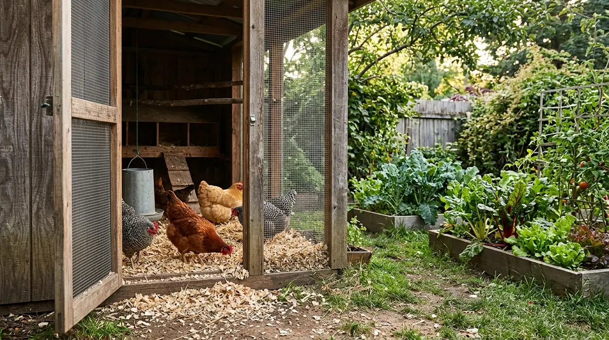 Chickens on wood shavings inside an open wooden coop next to raised garden beds with leafy greens