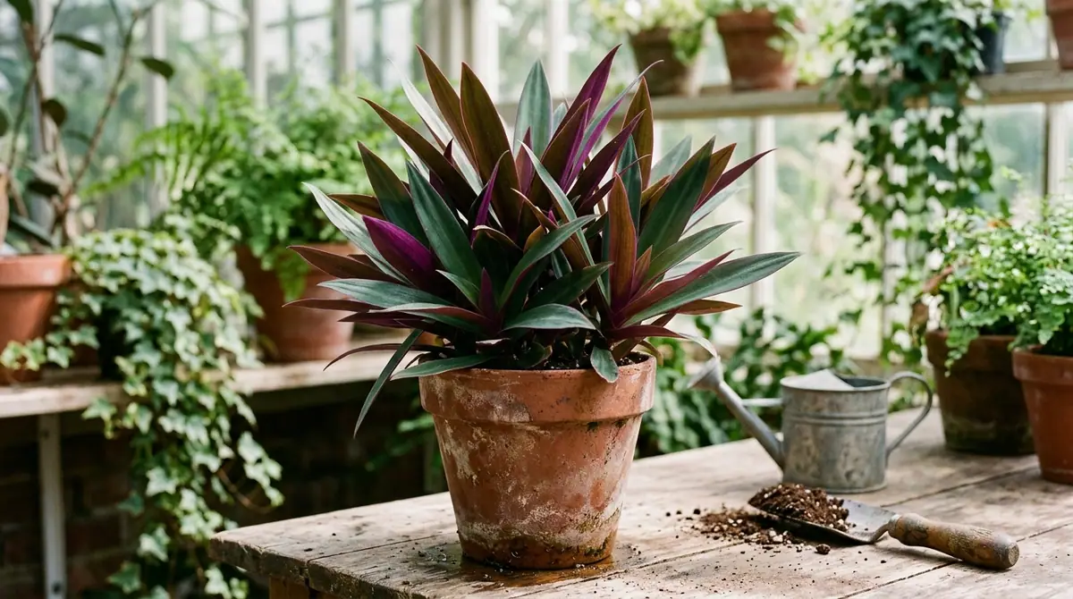 Moses in the cradle plant in a terracotta pot on a wooden table in a greenhouse with a trowel and watering can