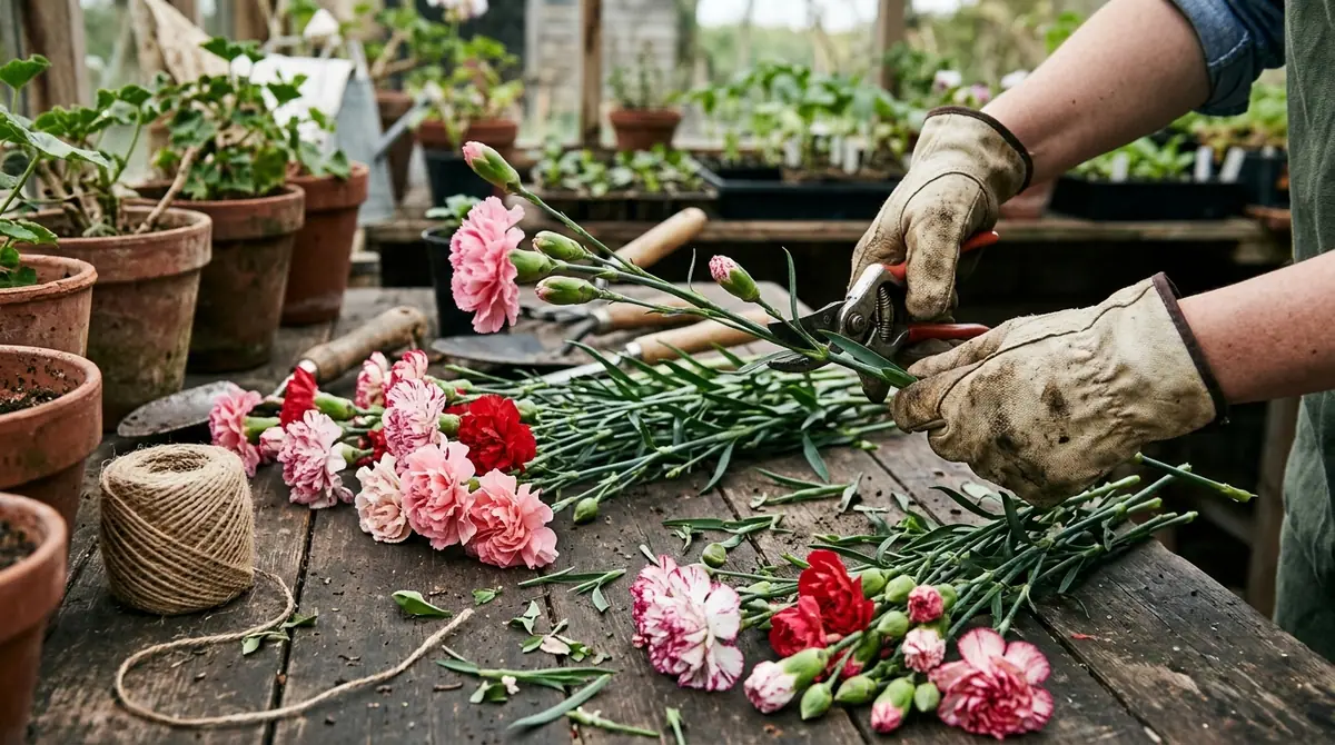 Gloved hands trimming a carnation stem with pruners on a wooden workbench with pink and red flowers