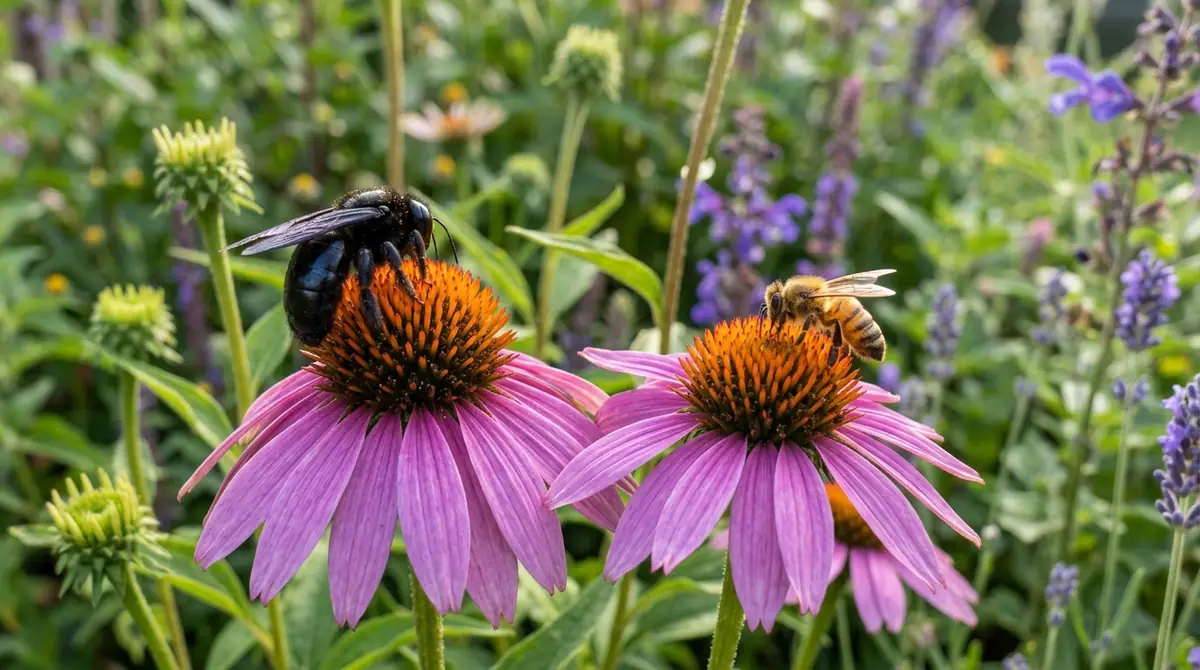 Large black carpenter bee and smaller honey bee perching on purple coneflowers in a garden