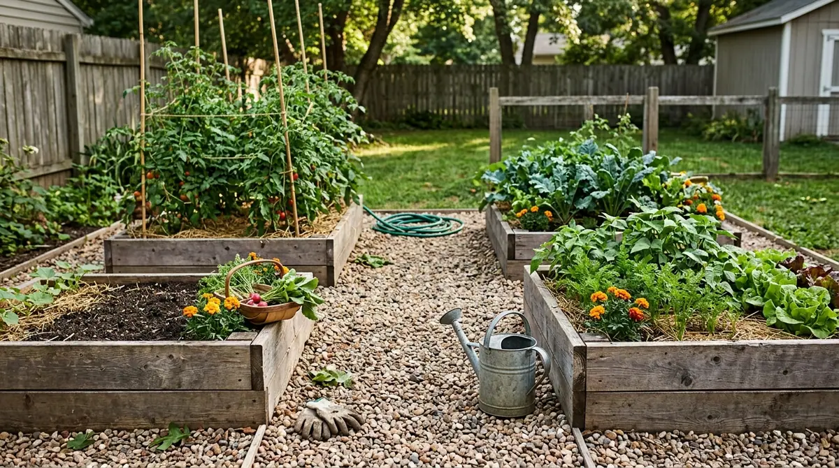 Raised wooden garden beds filled with vegetables and tomato plants along a gravel path with a metal watering can
