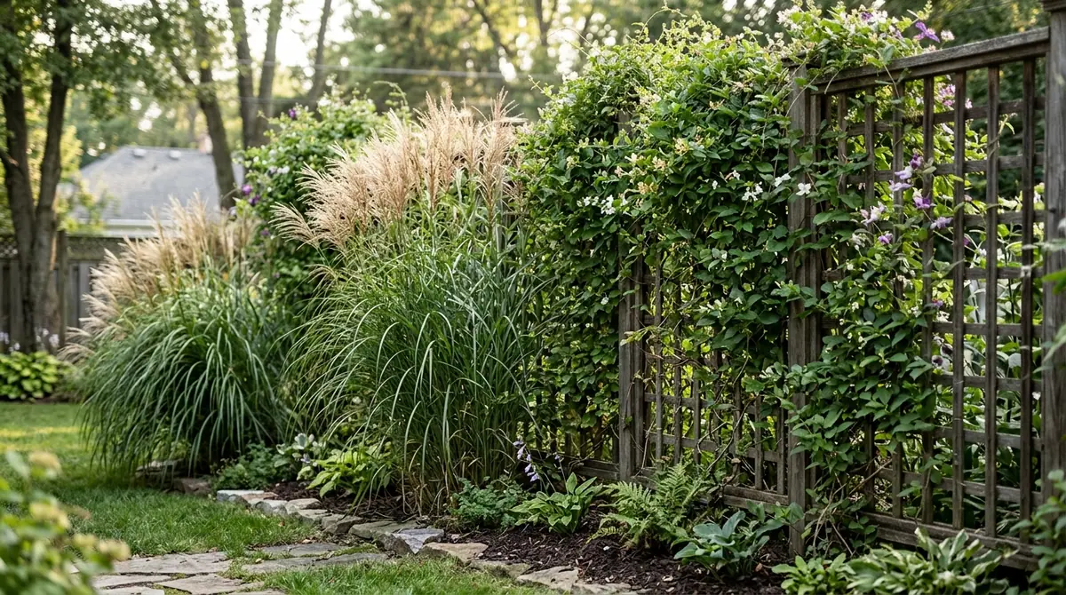 Tall ornamental grasses and purple clematis vines climbing a wooden trellis fence in a backyard garden