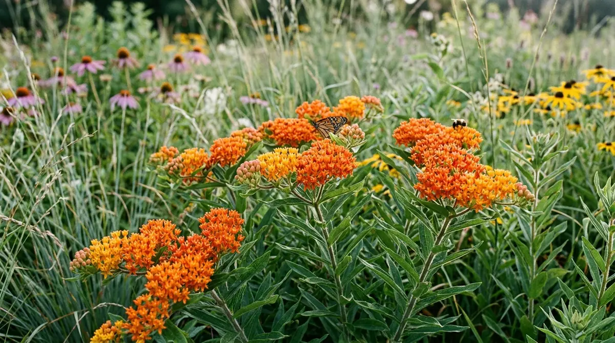 Bright orange chigger flowers blooming in a meadow with a monarch butterfly on a cluster