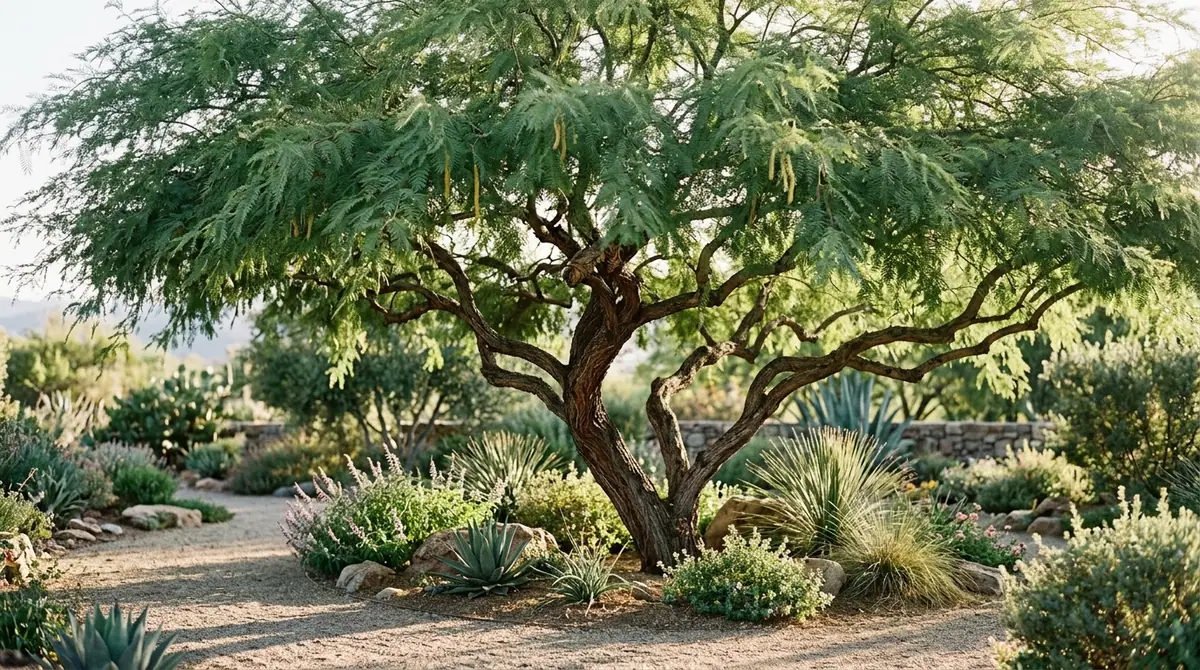 Sprawling Chilean mesquite tree with a feathery canopy shading succulents along a desert garden path
