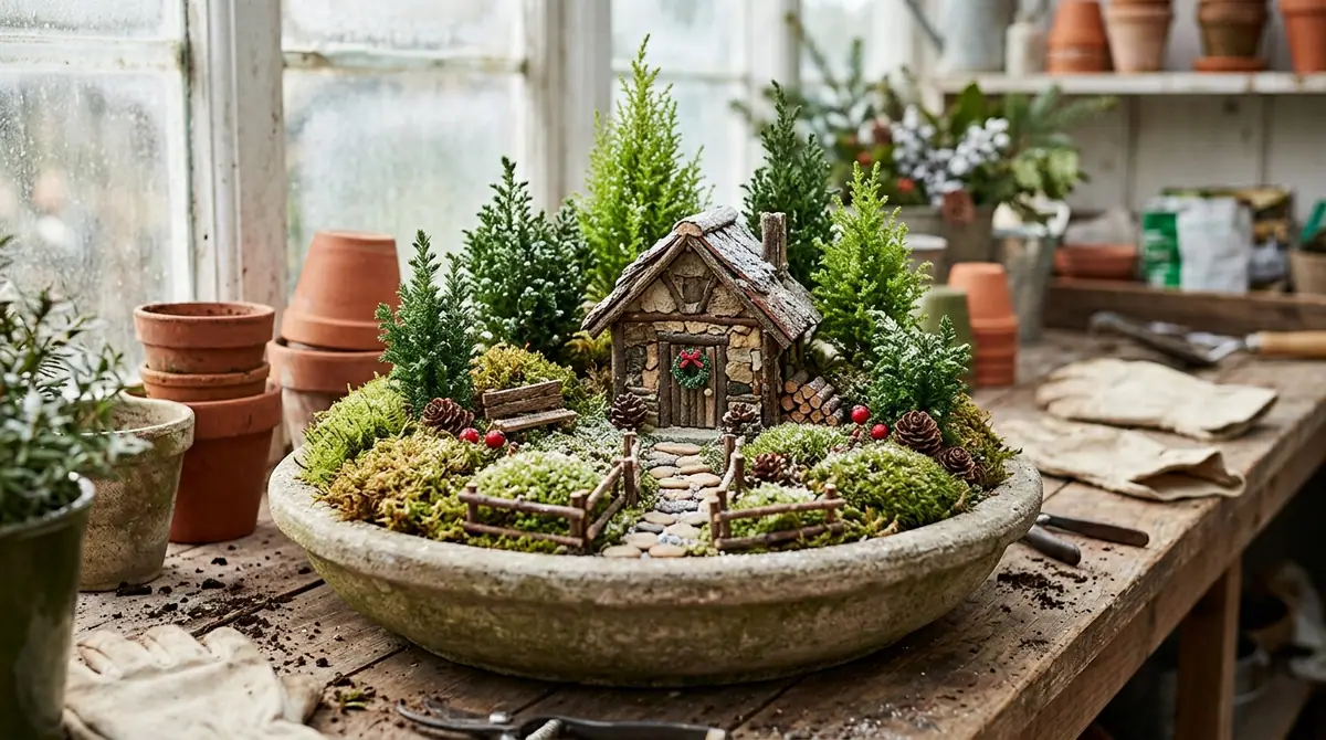 Miniature Christmas fairy garden in a stone planter with a tiny cottage, moss, and small evergreen trees