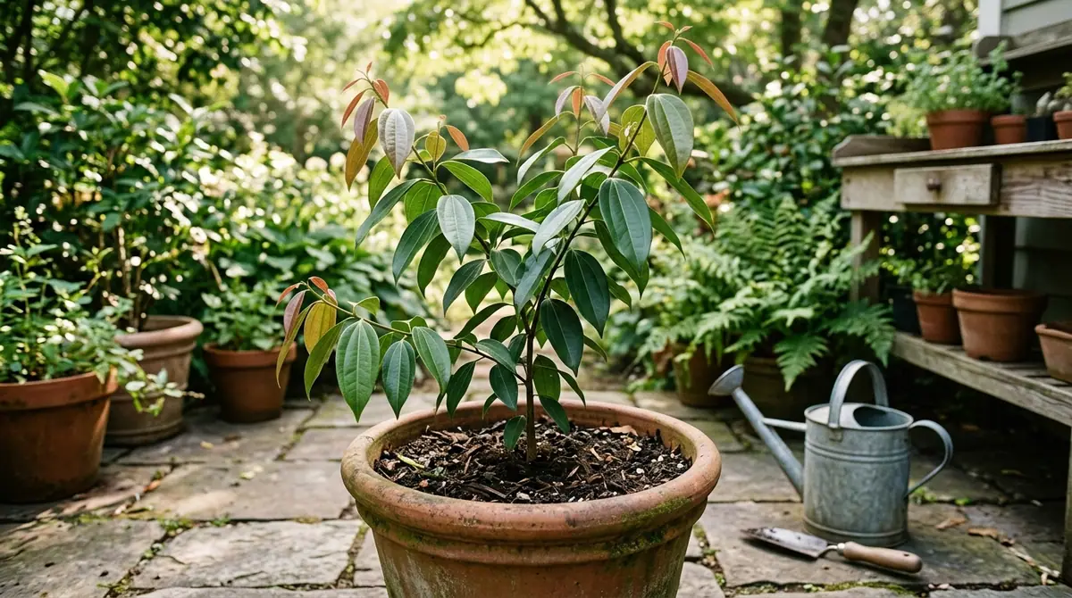 Young potted cinnamon tree with reddish new growth on a stone patio next to a watering can