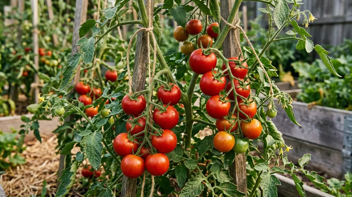 Clusters of ripe red tomatoes hanging on vines tied to wooden stakes in a garden bed