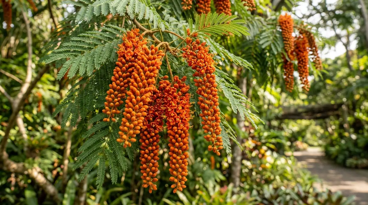 Bright orange flower clusters hanging among feathery green leaves of a Colville's glory tree