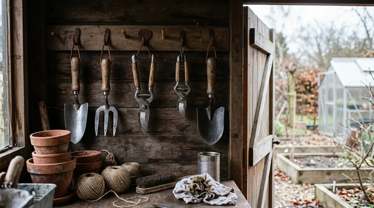 Garden hand tools hanging on a wooden shed wall above a workbench with terracotta pots and twine