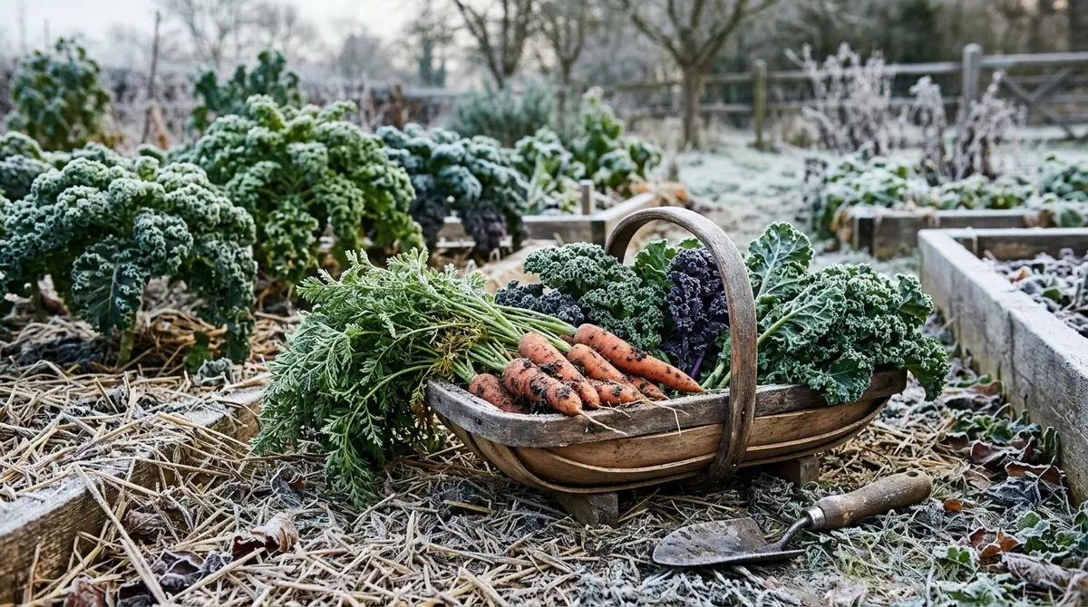 Wooden basket filled with freshly harvested carrots and kale in a frost-dusted winter garden bed