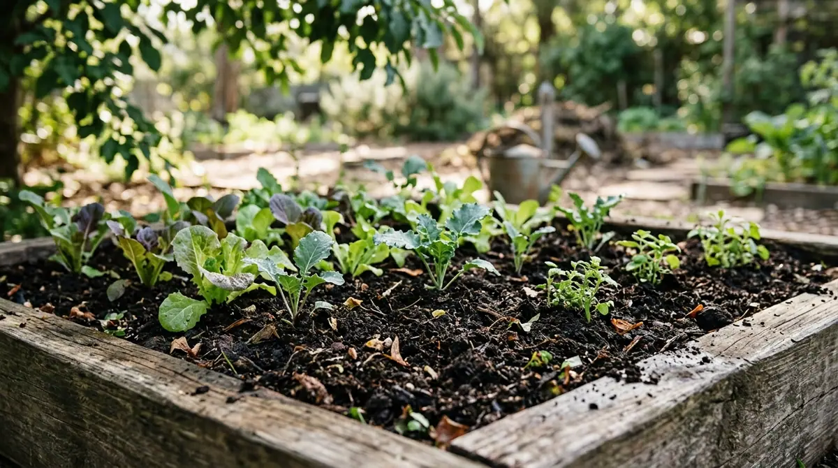 Young kale and lettuce seedlings growing in dark compost in a wooden raised bed