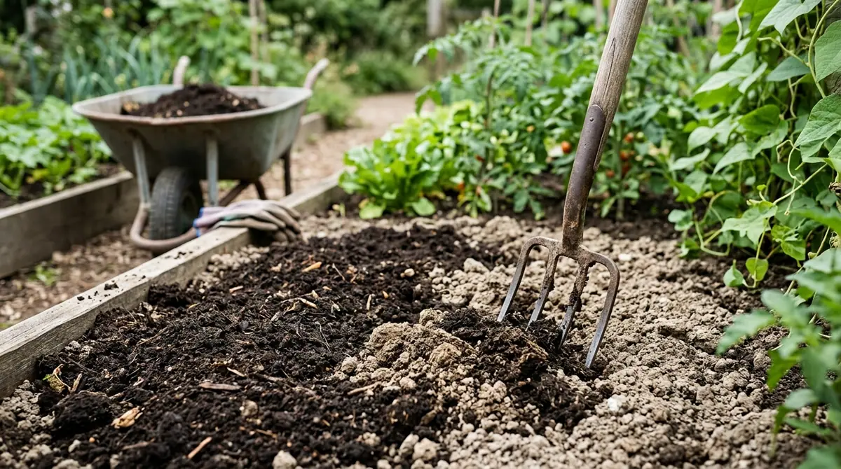 Garden fork mixing dark compost into topsoil in a raised garden bed beside a wheelbarrow
