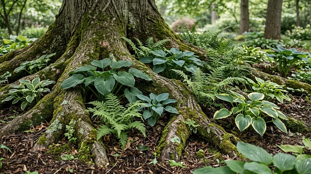 Lush hostas and ferns growing in pockets between mossy exposed tree roots