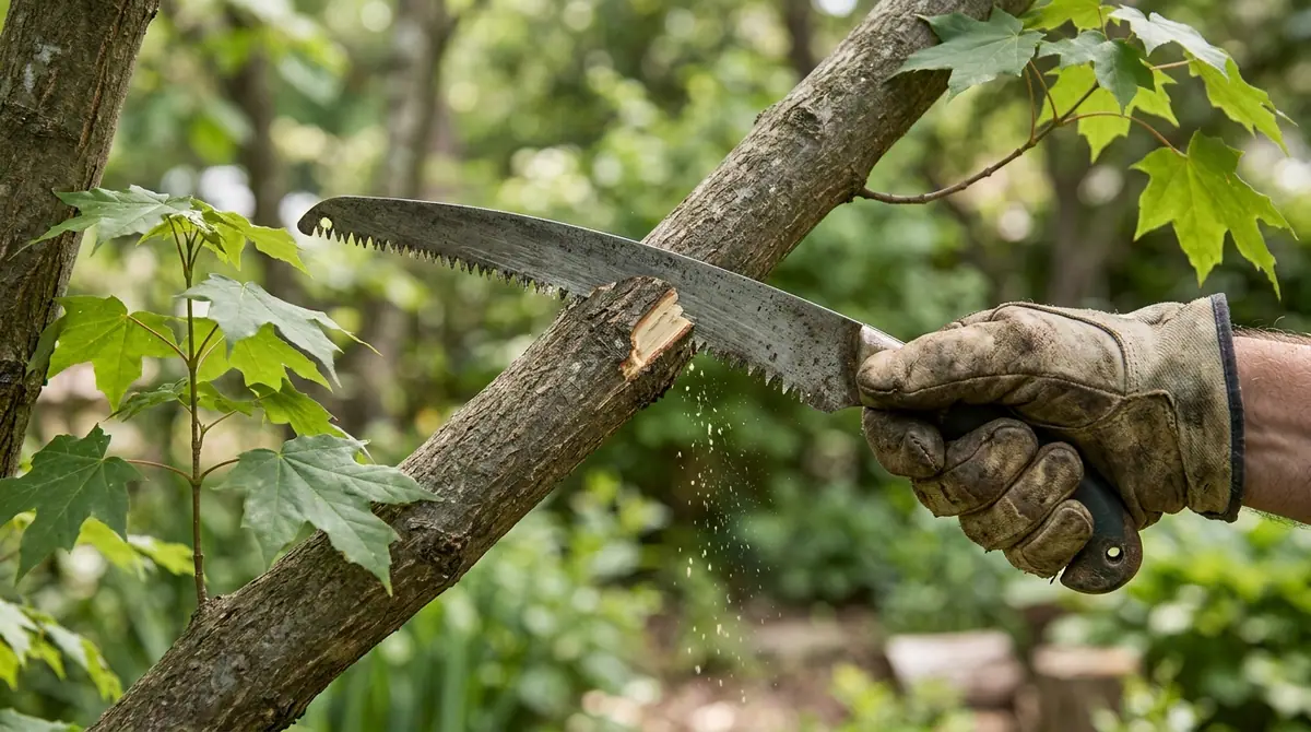 Gloved hand using a pruning saw to cut a maple tree branch outdoors
