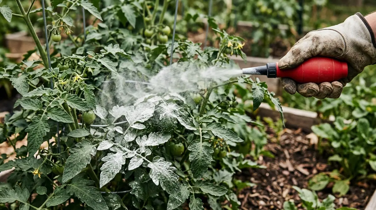 Gloved hand puffing white powder onto tomato plant leaves with a red bulb duster in a garden