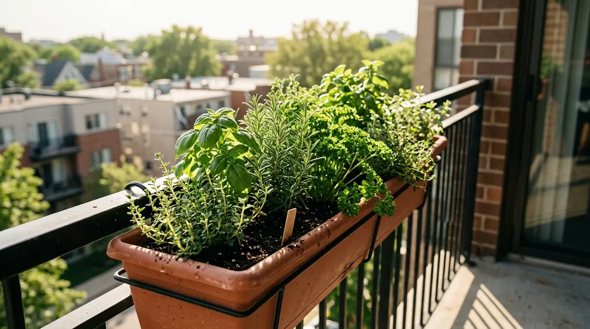 Fresh herbs like basil, rosemary, and parsley growing in a planter box on a sunny apartment balcony railing