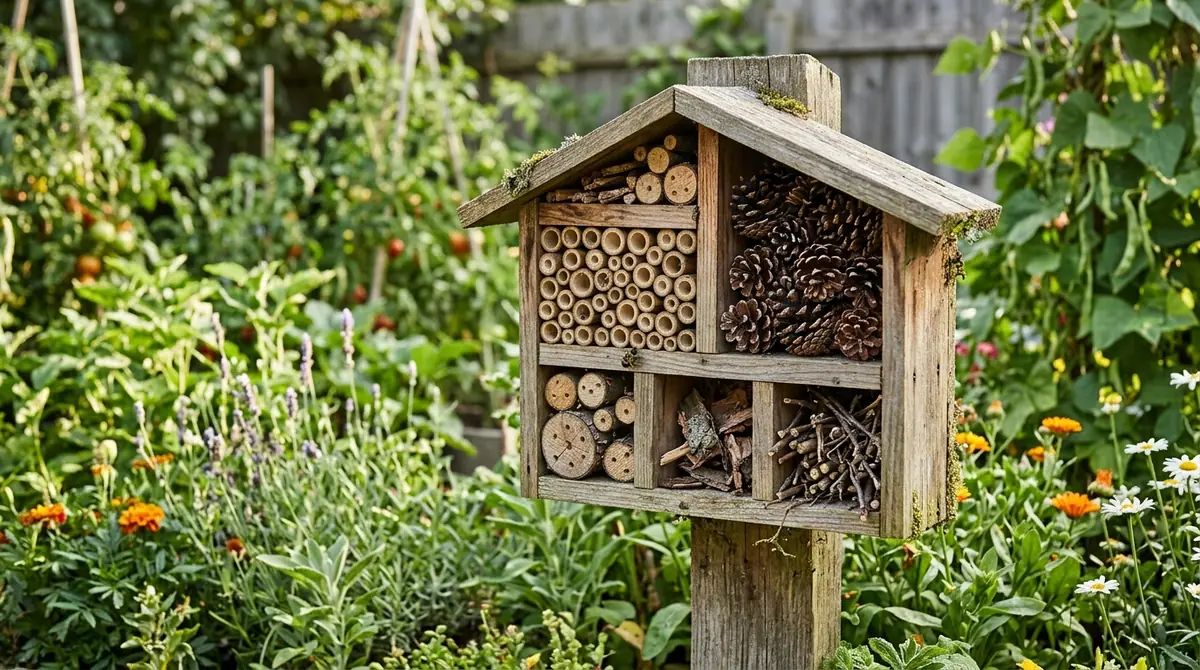 Wooden insect hotel filled with bamboo, pinecones, and twigs mounted in a lush flower garden