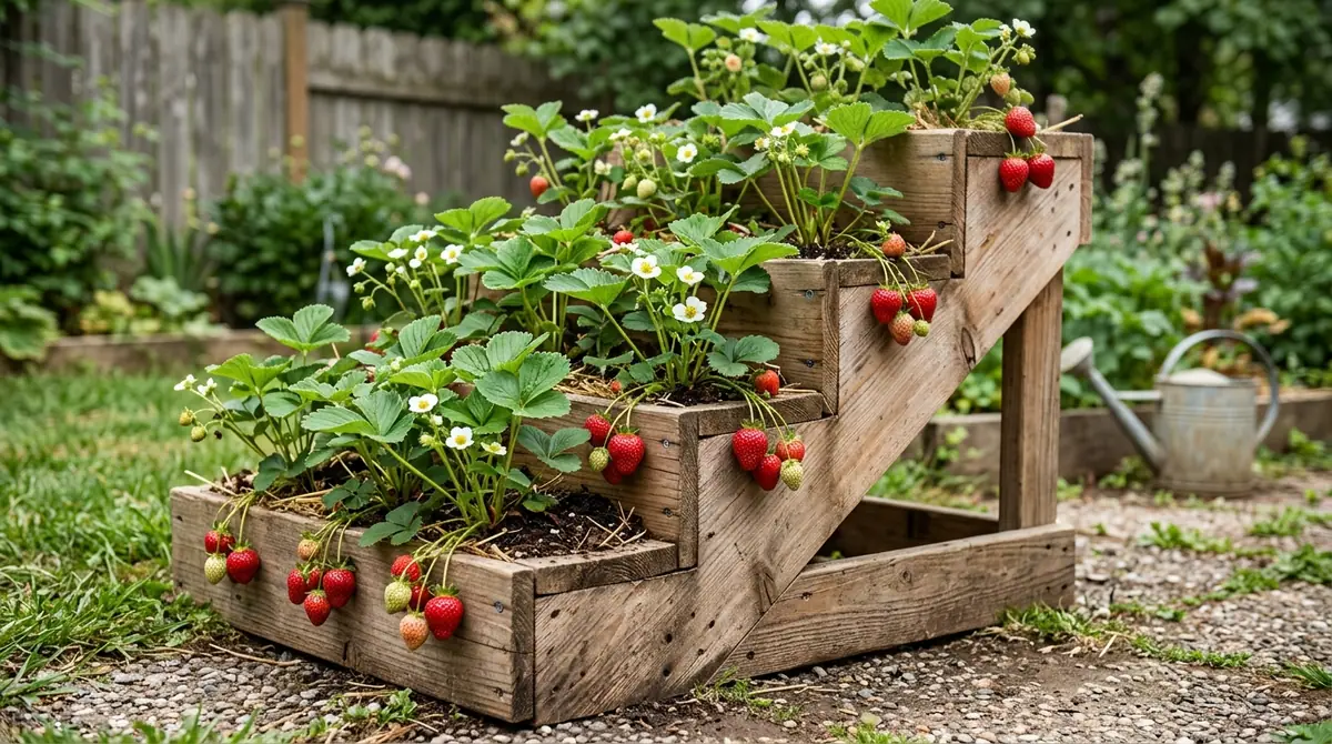 Tiered wooden planter box filled with strawberry plants bearing white flowers and ripe red berries