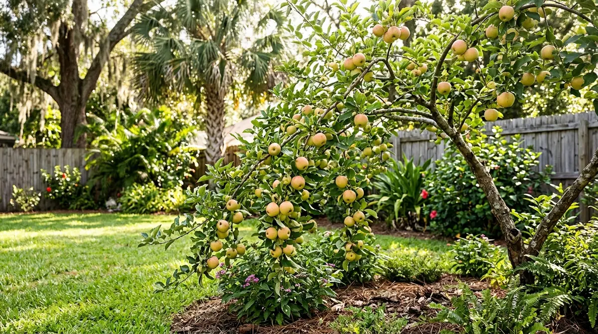 Small apple tree heavy with fresh apples growing in a lush backyard garden beside palm trees