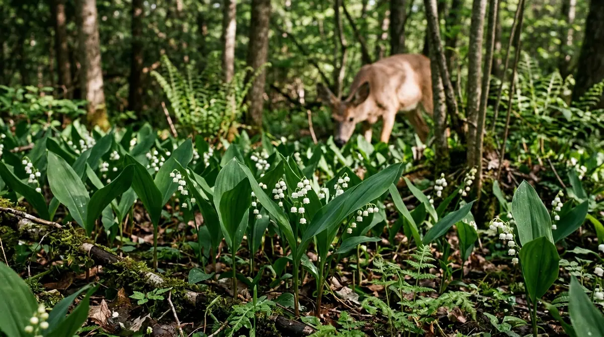 Deer grazing in a forest behind a patch of blooming white lily of the valley flowers