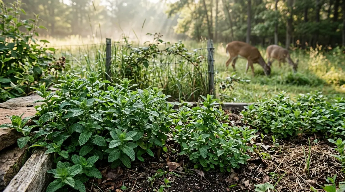 Lush green mint plants growing in a garden bed with two deer grazing in the background