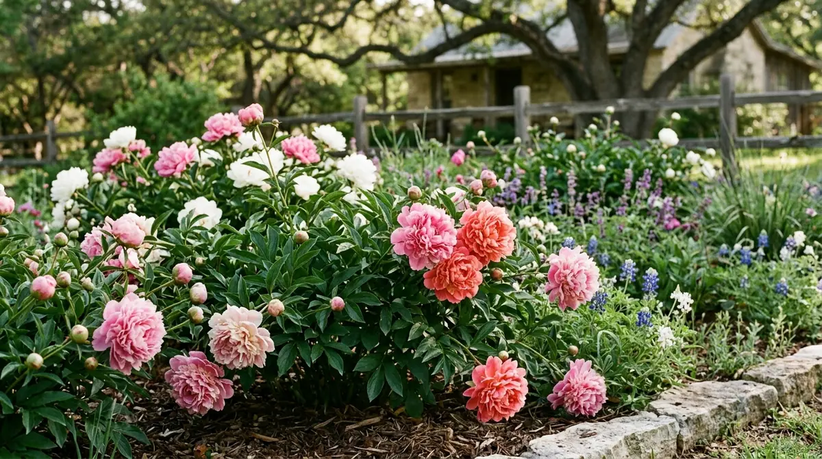 Pink, coral, and white peonies blooming in a stone-bordered garden bed in front of a rustic house