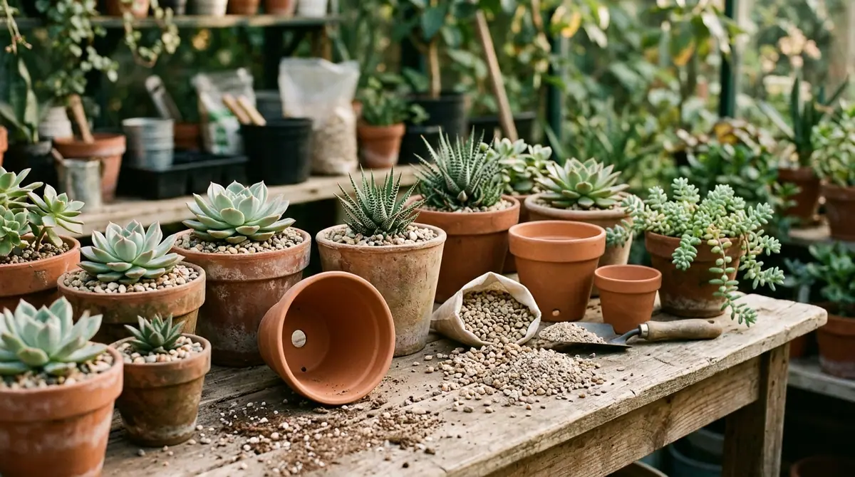 Potted succulents on a wooden bench beside an empty terracotta pot showing a drainage hole and spilled gravel