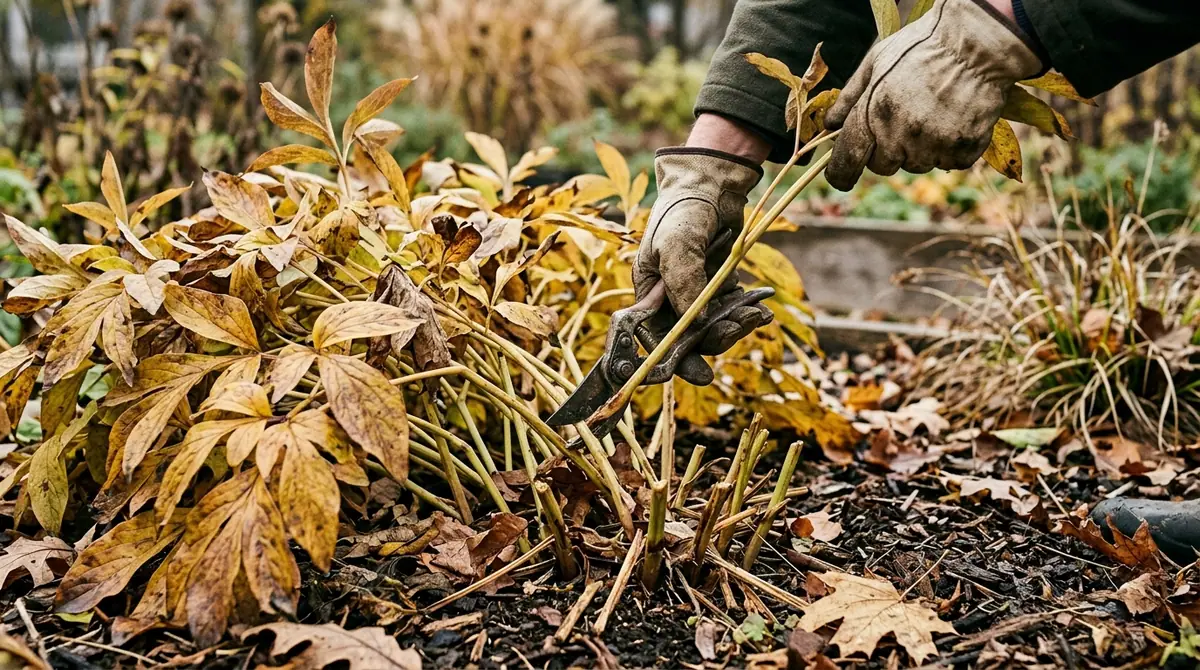Gloved hands using pruners to cut back yellowed peony stems in an autumn garden