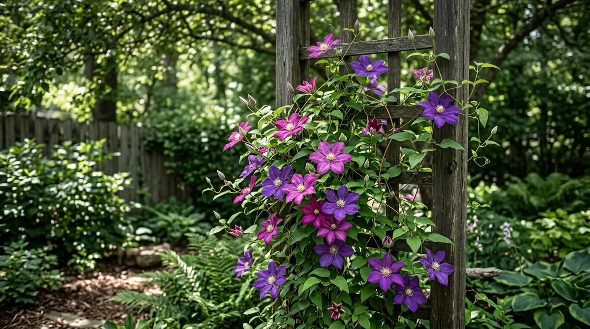 Purple and magenta clematis flowers climbing a wooden trellis in a shaded garden